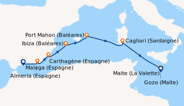 Itinéraire de la croisière Malaga (Espagne), Almeria (Espagne), Carthagè...