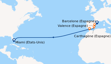 Itinéraire de la croisière Barcelone (Espagne), Valence (Espagne), Carth...