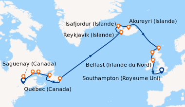 Itinéraire de la croisière Québec (Canada), Saguenay (Canada), Sept-Iles...