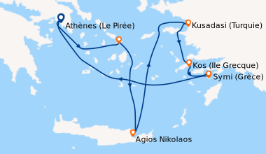 Itinéraire de la croisière Athènes (Le Pirée), Mykonos (Grèce), Agios Ni...
