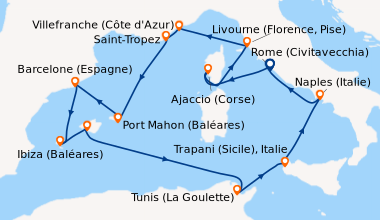 Itinéraire de la croisière Rome (Civitavecchia), En mer, Ajaccio (Corse)...