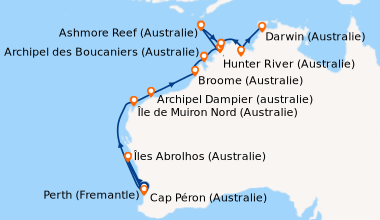 Itinéraire de la croisière Perth (Fremantle), Îles Abrolhos (Australie),...