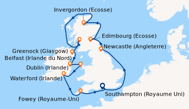 Itinéraire de la croisière Southampton (Royaume Uni) , En mer, Newcastle...