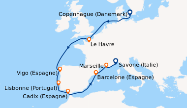 Itinéraire de la croisière Danemark, France, Espagne, Portugal, Italie