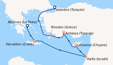 Itinéraire de la croisière Istanbul (Turquie), En mer, Rhodes (Grèce), A...