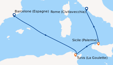 Itinéraire de la croisière Espagne, Tunisie, Italie