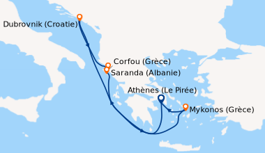 Itinéraire de la croisière Athènes (Le Pirée), En mer, Dubrovnik (Croati...