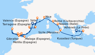 Itinéraire de la croisière Athènes (Le Pirée), Kusadasi (Turquie), Sicil...