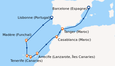 Itinéraire de la croisière Lisbonne (Portugal), En mer, Madère (Funchal)...