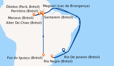 Itinéraire de la croisière L'Amazonie Douce et le Rio Tapajos - Croisière envoutante et intimiste vers les plus belles plages de l'Amazone - Rio, vibrante et éternelle, et séjour d'exception aux chutes d'Iguaçu (formule port/po (MSA_RIGPP)
