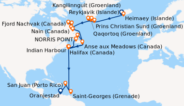 Itinéraire de la croisière Reykjavik (Islande), Heimaey (Islande), Heima...