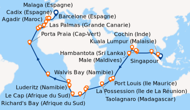 Itinéraire de la croisière Singapour, Kuala Lumpur (Malaisie), En mer, S...