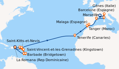 Itinéraire de la croisière Transatlantique : de la Romana à Marseille