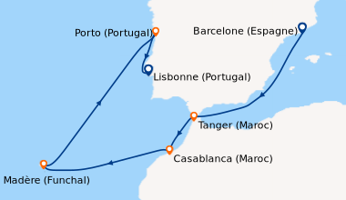 Itinéraire de la croisière Barcelone (Espagne), En mer, Tanger (Maroc), ...