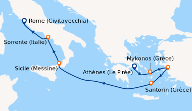 Itinéraire de la croisière Athènes (Le Pirée), Mykonos (Grèce), Ephèse (...