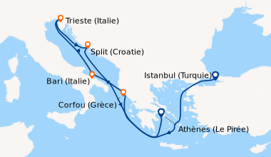 Itinéraire de la croisière Istanbul (Turquie), En mer, Corfou (Grèce), B...