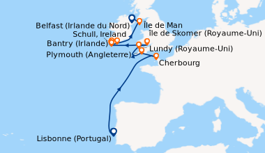 Itinéraire de la croisière Lisbonne (Portugal), En mer, En mer, Cherbour...