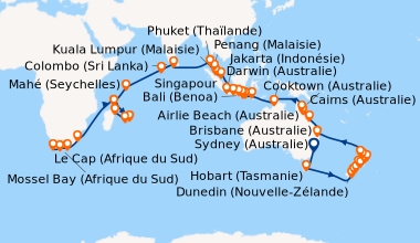 Itinéraire de la croisière Sydney (Australie), En mer, Hobart (Tasmanie)...