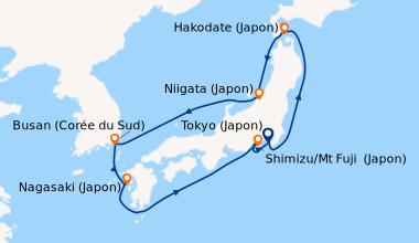 Itinéraire de la croisière Tokyo (Japon), En mer, Hakodate (Japon), Niig...