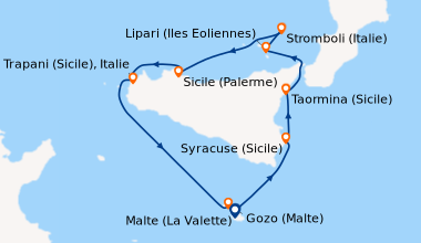 Itinéraire de la croisière Malte (La Valette), Syracuse (Sicile), Taormi...
