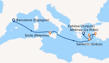 Itinéraire de la croisière Athènes (Le Pirée), Santorin (Grèce), Mykonos...