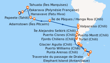 Itinéraire de la croisière Papeete (Tahiti), Moorea (Polynésie Française...
