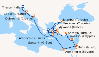 Itinéraire de la croisière Trieste (Italie), Zadar (Croatie), Dubrovnik ...