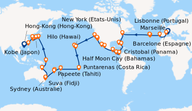 Itinéraire de la croisière France, Espagne, Portugal, Açores, États-Unis, Floride (USA), Mexique, États-Unis, Hawaii, Polynésie, Fiji, Australie, Japon