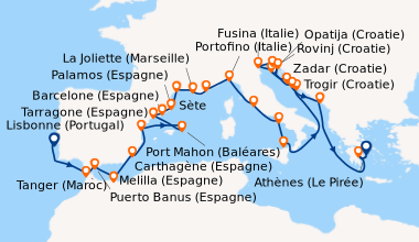 Itinéraire de la croisière Lisbonne (Portugal), En mer, Tanger (Maroc), ...