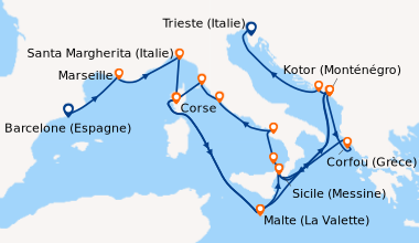 Itinéraire de la croisière Barcelone (Espagne), Marseille, Corse, Santa ...