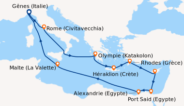 Itinéraire de la croisière Gênes (Italie), Rome (Civitavecchia), En mer,...