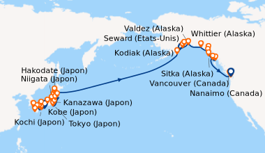 Itinéraire de la croisière Kobe (Japon), Kobe (Japon), Kochi (Japon), Hi...