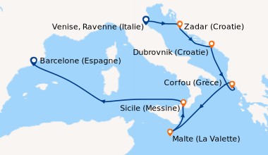 Itinéraire de la croisière Venise, Ravenne (Italie), Zadar (Croatie), Du...