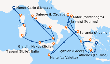 Itinéraire de la croisière Athènes (Le Pirée), Gythion (Grèce), En mer, ...