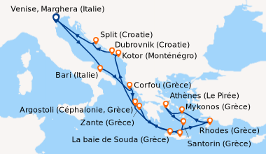 Itinéraire de la croisière Italie, Grèce, Montenegro, Croatie