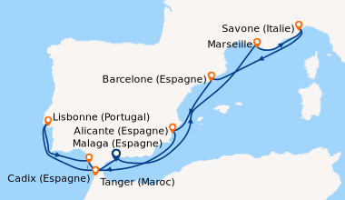 Itinéraire de la croisière Espagne, France, Italie, Portugal, Maroc