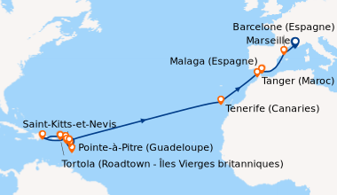 Itinéraire de la croisière Antilles, Iles Vierges, Canaries, Maroc, Espagne, France