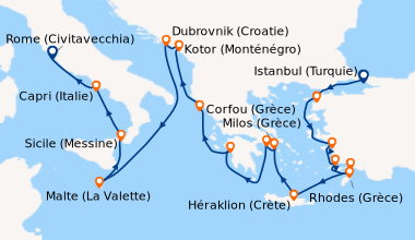 Itinéraire de la croisière Istanbul (Turquie), Canakkale (Turquie), Izmi...