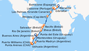 Itinéraire de la croisière France, Espagne, Gibraltar, Portugal, Canaries, Cap Vert, Brésil, Argentine, Uruguay, Chili, Iles Falkland
