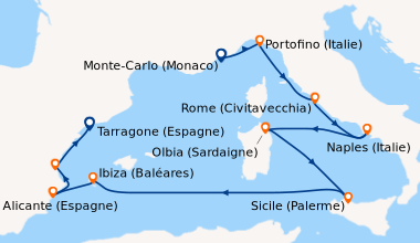 Itinéraire de la croisière Monte-Carlo (Monaco), Portofino (Italie), Rom...