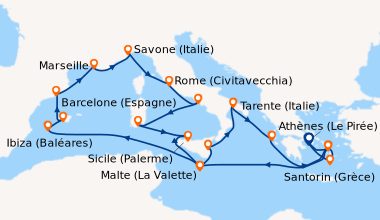 Itinéraire de la croisière Grèce, Malte, Baléares, Espagne, France, Italie