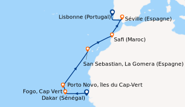 Itinéraire de la croisière Dakar (Sénégal), En mer, Fogo, Cap Vert, Port...