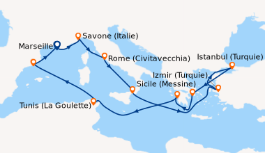Itinéraire de la croisière France, Italie, Turquie, Grèce, Tunisie, Espagne
