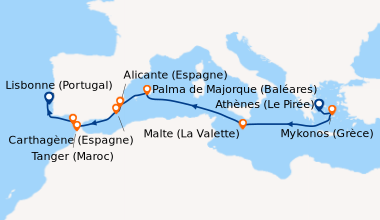 Itinéraire de la croisière Athènes (Le Pirée), Mykonos (Grèce), En mer, ...