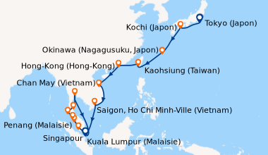 Itinéraire de la croisière Tokyo (Japon), En mer, Kochi (Japon), En mer,...