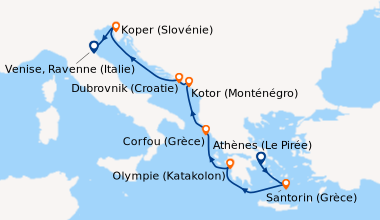 Itinéraire de la croisière Athènes (Le Pirée), Santorin (Grèce), Olympie...
