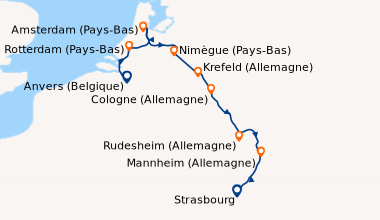 Itinéraire de la croisière La Hollande et la vallée du Rhin romantique (formule port/port) (ANS_PP)