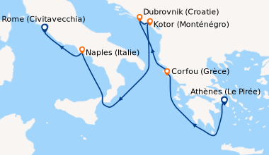 Itinéraire de la croisière Athènes (Le Pirée), En mer, Corfou (Grèce), D...