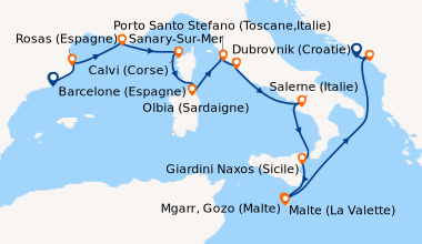 Itinéraire de la croisière Barcelone (Espagne), Rosas (Espagne), En mer,...