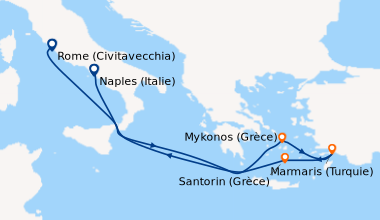 Itinéraire de la croisière Rome (Civitavecchia), En mer, Mykonos (Grèce)...
